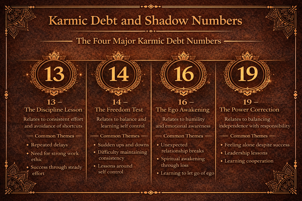 karmic debt shadow numbers 13 14 16 19